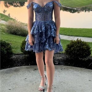 Sherri Hill 55785 Periwinkle Sequin Off-Shoulder Mini Dress